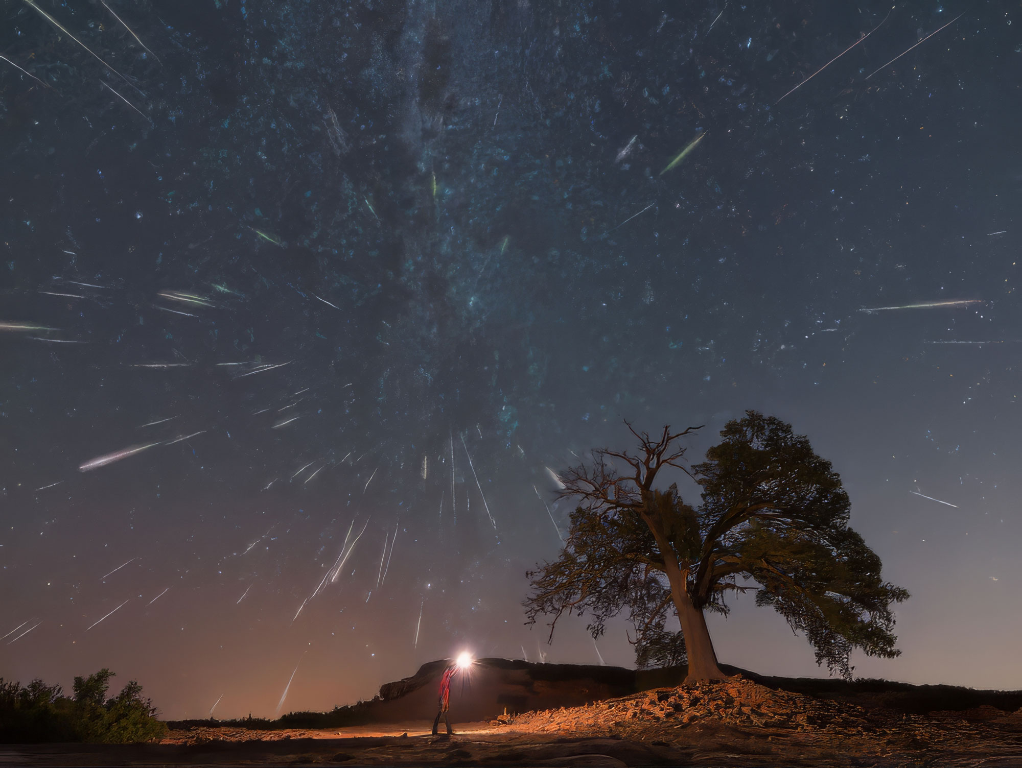 Fotógrafo bajo una lluvia de estrellas junto a un árbol